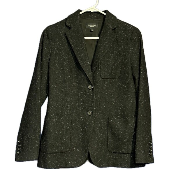 Women's TALBOTS BLAZER Black Specked Wool Blend Sz 2 Office Executive - Picture 1 of 5